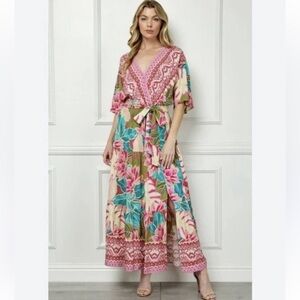 Fig & Flower Boho Floral V Neck Tiered Maxi Dress Size Small